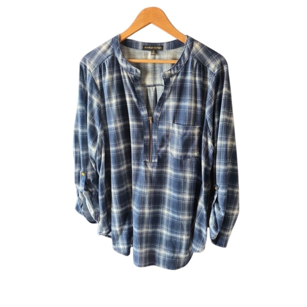 Always Indigo Flannel Blue and White Plaid Tunic Prairie Cottagecore Plus 3X